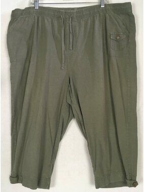 Essentials Capri Pants Size 18W to 20W Olive Green Front Pockets Elastic Waist